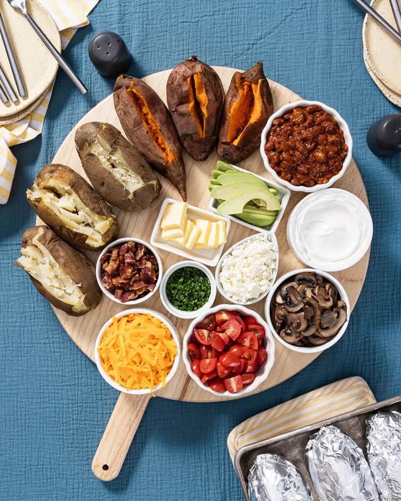 baked potato toppings board bar
