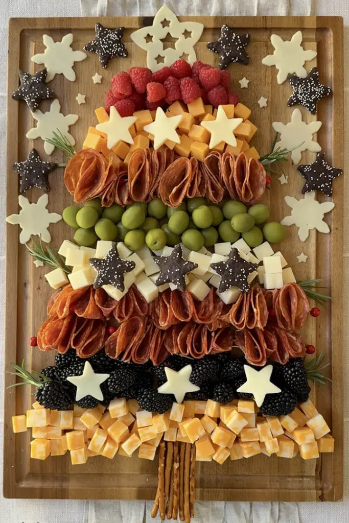 Charcuterie Tree Step 6 star cookies cheese