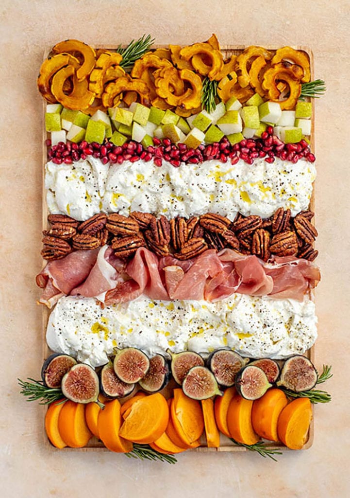 fall burrata appetizer with squash, proscuitto, and other seasonal produce