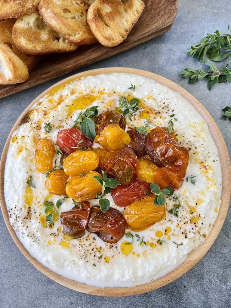 burrata dip with roasted cherry tomatoes